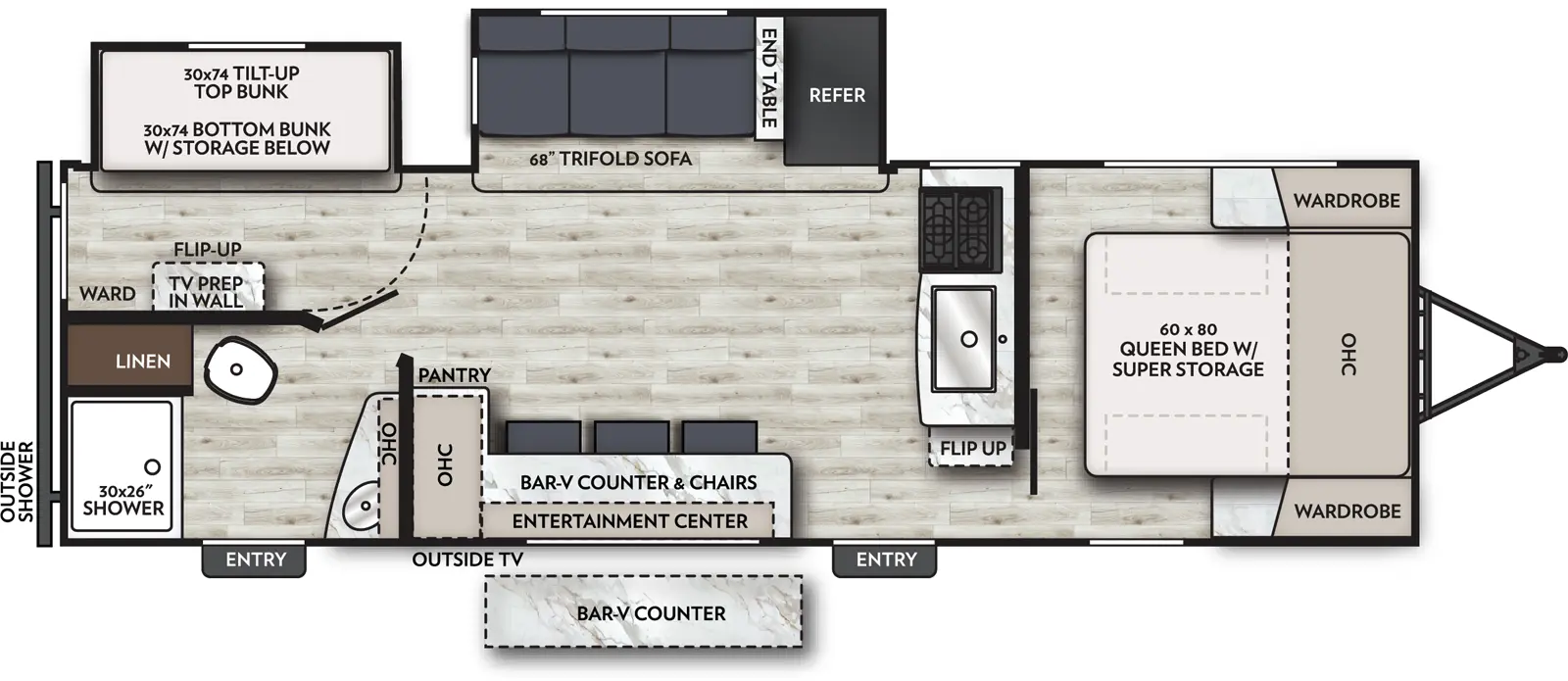 The Apex Ultra-Lite 246BARV floorplan has two entries and two slide outs. Exterior features include: fiberglass exterior and  outside entertainment. Interiors features include: bunk beds and front bedroom.
